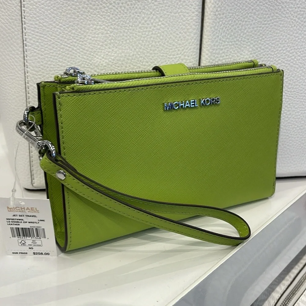 MICHAEL KORS LG DOUBLE ZIP WRISTLET Wallet Phone Case Holder Lime NWT